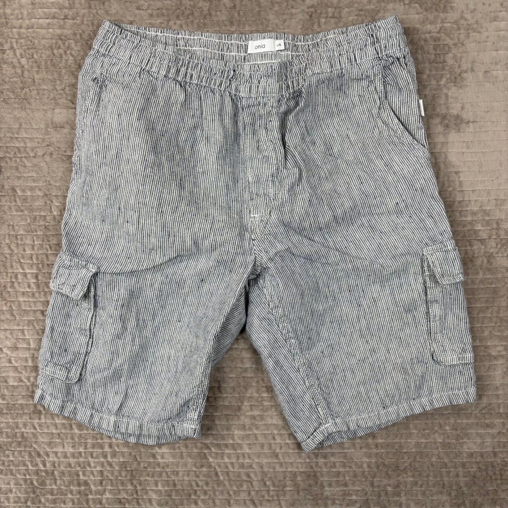 Onia Mens Linen Blend Cargo Shorts Blue White Ticking Stripe Elastic Waist Large